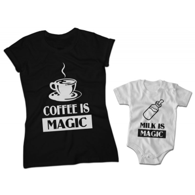 Zestaw koszulek rodzinnych dla mamy i syna Coffe is magic Milk is magic